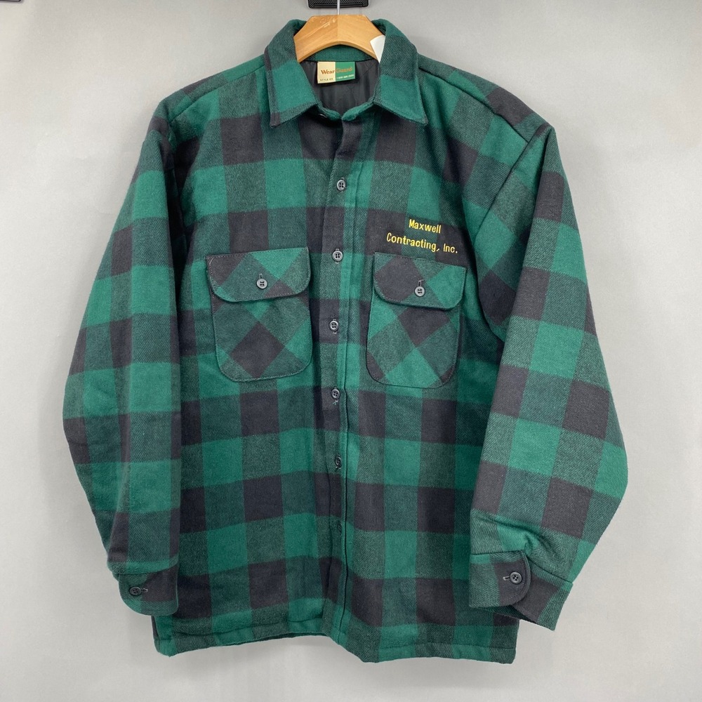 Vtg Wear Guard Flannel Shirt Jacket Men Medium Green Black Buffalo Plaid Quilted